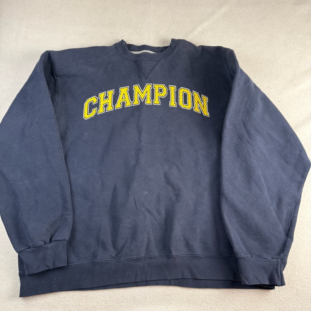 Champion Mens Navy Blue Crewneck Sweatshirt Yellow Arched Logo Fleece Pullover